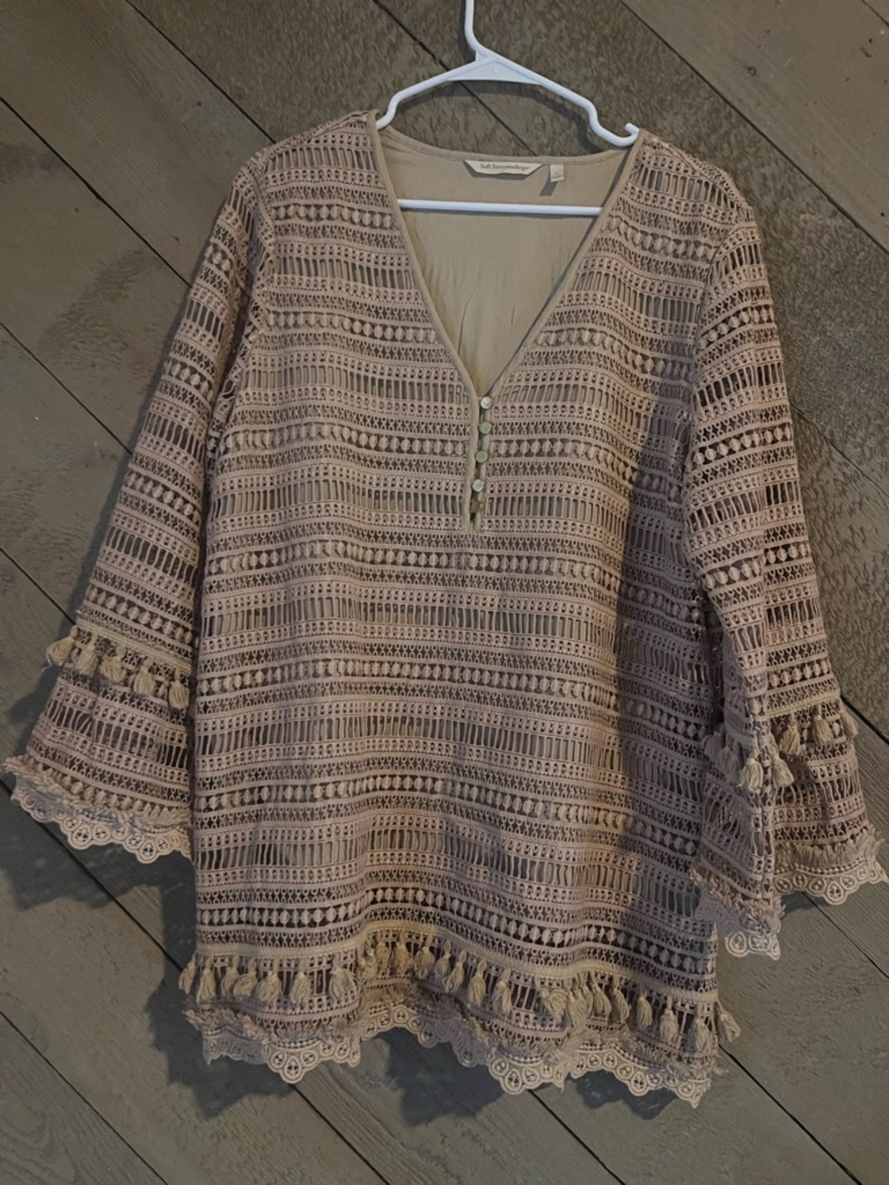 Crochet Tassel V-Neck Women’s Top - Taupe